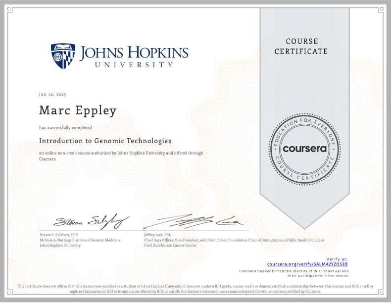 Introduction to Genomic Technologies certificate