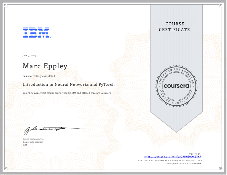 Introduction to Neural Networks and PyTorch certificate