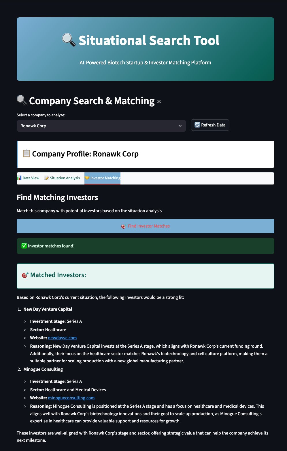 Situational Search investor-match screen for a biotech company profile